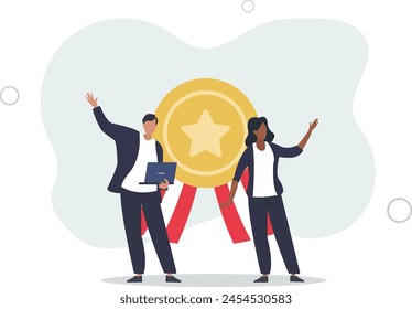 success businessman and businesswoman professional stand with star award.flat vector illustration.