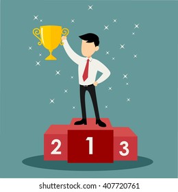 Success businessman character standing in a podium holding up a trophy as he celebrates his victory vector illustration.