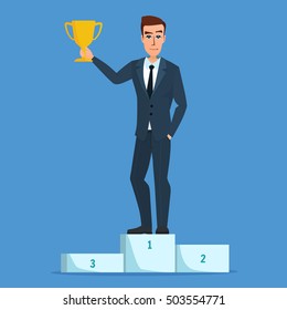 Success businessman character standing in a podium holding up a trophy as he celebrates his victory. Vector creative color illustrations flat design in flat modern style.