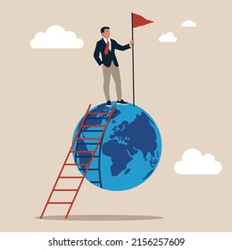 Success businessman climb up ladder holding winning flag on globe. Winning world or global business success, international opportunity to grow and expand business, worldwide career development concept