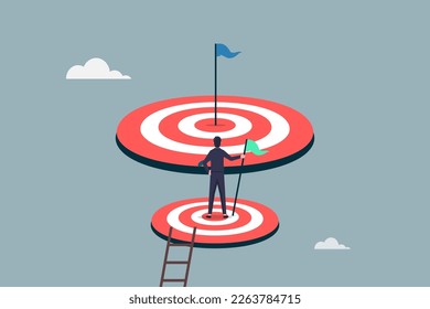 Success businessman climb up ladder reaching goal and looking for next bigger step, challenge achievement to higher target, the way forward or next level, bigger business goal concept