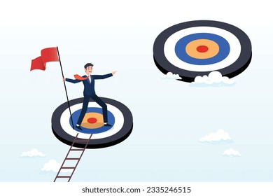 Success businessman climb up ladder reaching goal and looking for next bigger step, challenge achievement or higher target, the way forward or next level, bigger business goal or aspiration (Vector)