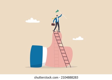 Success businessman climb up ladder of success to the top holding winning flag standing on thumb up metaphor of great job or mission accomplish.