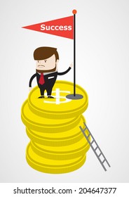 Success businessman climbing to the goal at top of golden coins. Business success achievement concept . Vector EPS 10. 