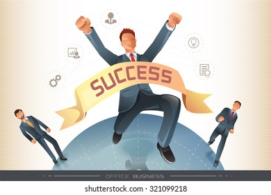 Success businessman. Features of perfect worker. Hand up along with jump in the air. Competition in company.