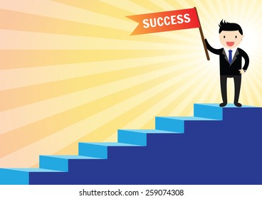Success businessman with flag standing to top stairs