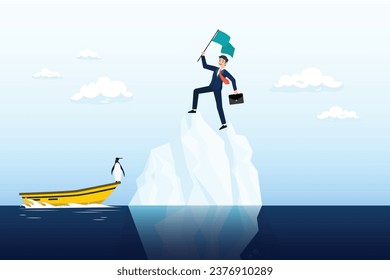 Success businessman holding flag at peak of iceberg above hidden danger, success iceberg illusion, only success story visible, risk or failure hidden underwater, achievement or leadership (Vector)