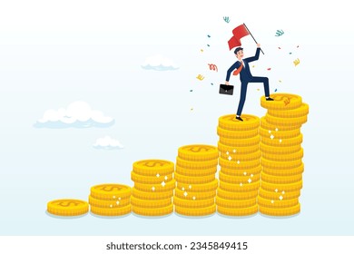 Success businessman holding winning flag on top of money coins stack, financial success, reaching financial freedom, money achievement or earning profit or savings or investment goal (Vector)