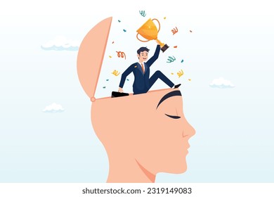 Success businessman holding winning trophy standing in his mindset head, success mindset, positive attitude to succeed, motivation or optimistic for self development, believe or confidence (Vector)