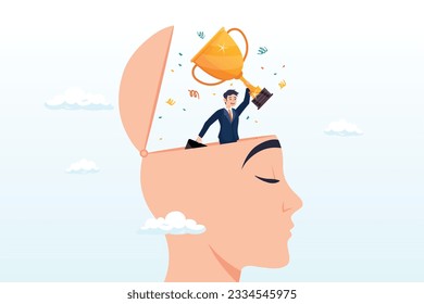 Success businessman holding winning trophy standing in his mindset head, success mindset, positive attitude to succeed, motivation or optimistic for self development, believe or confidence (Vector)