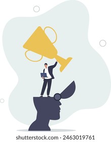 success businessman holding winning trophy standing in his mindset head.flat vector illustration.