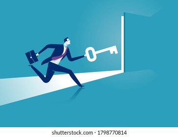 Success. Businessman holds a key to opening secret door to success. Business vector illustration