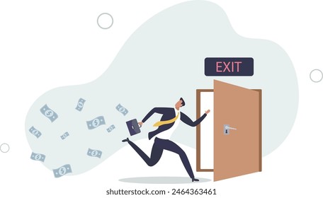 success businessman investor run away with his profit money to exit door .flat vector illustration.
