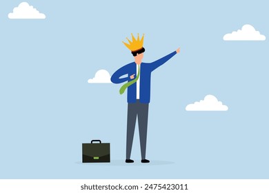 Success businessman king proud of his achievement, cheerful businessman wearing royal crown pointing to the sky.