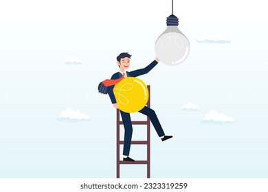Success businessman leader climb up ladder to change light bulb idea, change to new innovation, transform to new business, solution to disrupt or replace old model with bright technology (Vector)