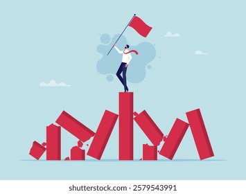 Success businessman on stand strong bar graph domino collapse, winner take all, survive business competition or strength to overcome difficulty, economic crisis or recession, business winner