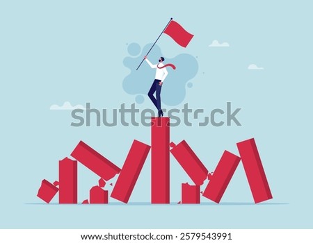 Success businessman on stand strong bar graph domino collapse, winner take all, survive business competition or strength to overcome difficulty, economic crisis or recession, business winner