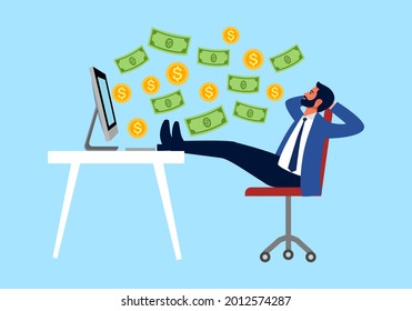 Success businessman with passive income concept vector illustration. Businessman sitting in office and money flying from computer screen in flat design. Successful online business.