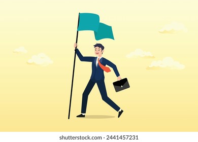 Empresario de éxito que levanta la bandera ganadora con el triunfo y el orgullo, victoria empresarial, logro de la misión o logro del éxito, liderazgo o triunfo para ganar la competencia, desafío (Vector)