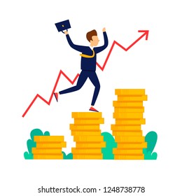 Success, businessman rises, wealth. Flat style vector illustration.
