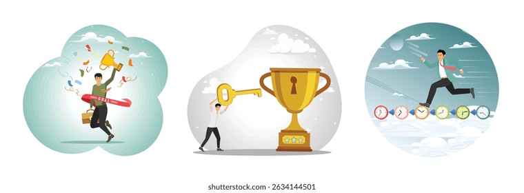 Success businessman running reach finish line with trophy. Businessman with key to success to unlock winning trophy. Businessman hurry running on time counting down deadline.