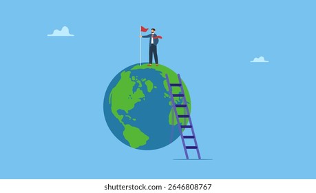 Success businessman standing holding winning flag on globe world. Symbolizes global business success or international opportunity to grow and expand business, worldwide career development.