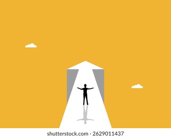 Success, Businessman Standing on Cliff Arrow Leading