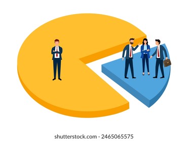 Success businessman standing on pie chart win over competitors. Business winning market share, earn high percentage of product sale vector illustration.