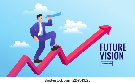 Success businessman standing on top of rising arrow with telescope or spyglass to see future vision. man visionary to see business opportunity concept. Achievement, Character, Leader, Vector