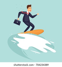 Success, businessman surfing on the wave. Flat design vector illustration.