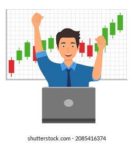 Success businessman trader looking at stock market candle sticks graph indicator on computer screen in flat design on white background. Forex trader.