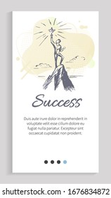 Success of businessman vector, person standing on top of mountain with innovative idea and concept, male working hard for achievements text. Website or web page template, landing page flat style