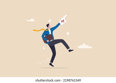 Success businessman winning competition, achieve goal or business winner, victory or succeed in work, prize honor concept, cheerful businessman jumping while wearing fan foam finger with number one.