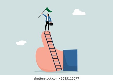 Success businessmen climb up ladder of success to the top holding winning flag standing on thumb up metaphor of great job or mission accomplish.
