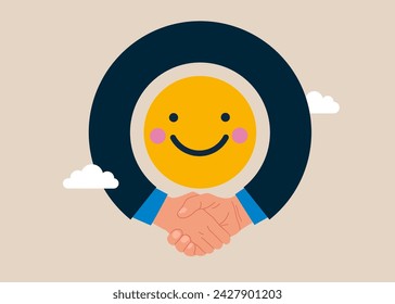 Success businessmen finish deal and handshake. Surrounding the smiling face emoji. Flat vector illustration.