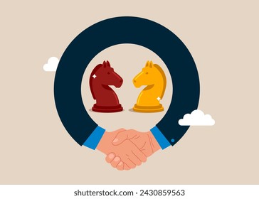 Success businessmen finish deal and handshake. Negotiation skill to deal with competitor. Flat vector illustration