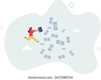 Success businesswoman achieve financial freedom, happy millionaire with plenty of money and wealth, income or salary increase or career opportunity concept. character life .