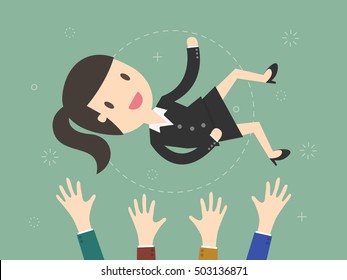 Success. businesswoman being thrown in the air. Flat design illustration