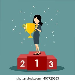 Success businesswoman character standing in a podium holding up a trophy as she celebrates her victory vector illustration.