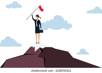 Success businesswoman, success confidence businesswoman holding winner flag on top of mountain peak.