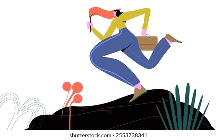 Success businesswoman, female leadership to achieve business target or gender equality. Success confidence businesswoman holding winner flag on top of mountain peak. 