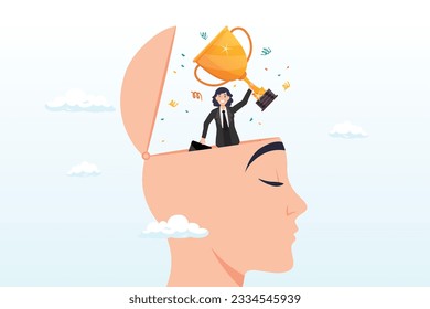 Success businesswoman holding winning trophy standing in his mindset head, success mindset, positive attitude to succeed, motivation or optimistic for self development, believe or confidence (Vector)