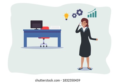Success businesswoman vector concept: Businesswoman talking on mobile phone while discussing her idea  