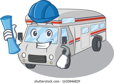A success of campervan Architect having blue prints and blue helmet