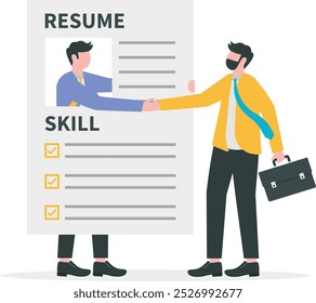 Success candidate get new job with best resume, human resources hiring or making contract with new joiner, apply for new job concept, businessman get out of resume picture handshake with employer.

