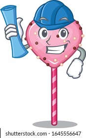 A success of candy heart lollipop Architect having blue prints and blue helmet