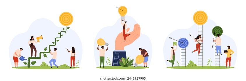 Success career ladder and opportunity for manager set. Tiny people reach goal and climb stairs, grow staircase to target, leader hand holding woman with light bulb cartoon vector illustration