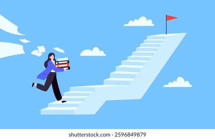 Success career ladder steps path challenge with business goal achievement flag goal on the top of it. Business concept flat vector illustration. Office person running onto success career steps.