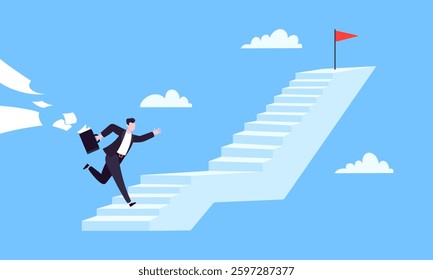 Success career ladder steps path challenge with business goal achievement flag objective on the top of it business concept flat vector illustration. Office person running onto success career steps.