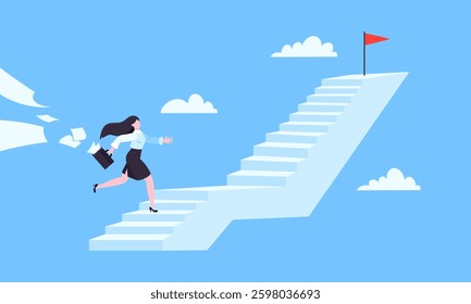 Success career ladder steps path challenge with business goal achievement flag goal on the top of it. Business concept flat vector illustration. Office person running onto success career steps.